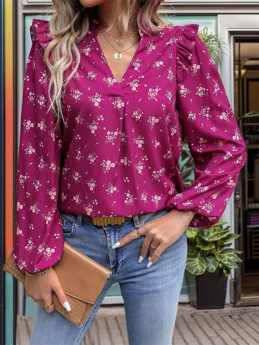 Ruffled Printed Notched Long Sleeve Blouse