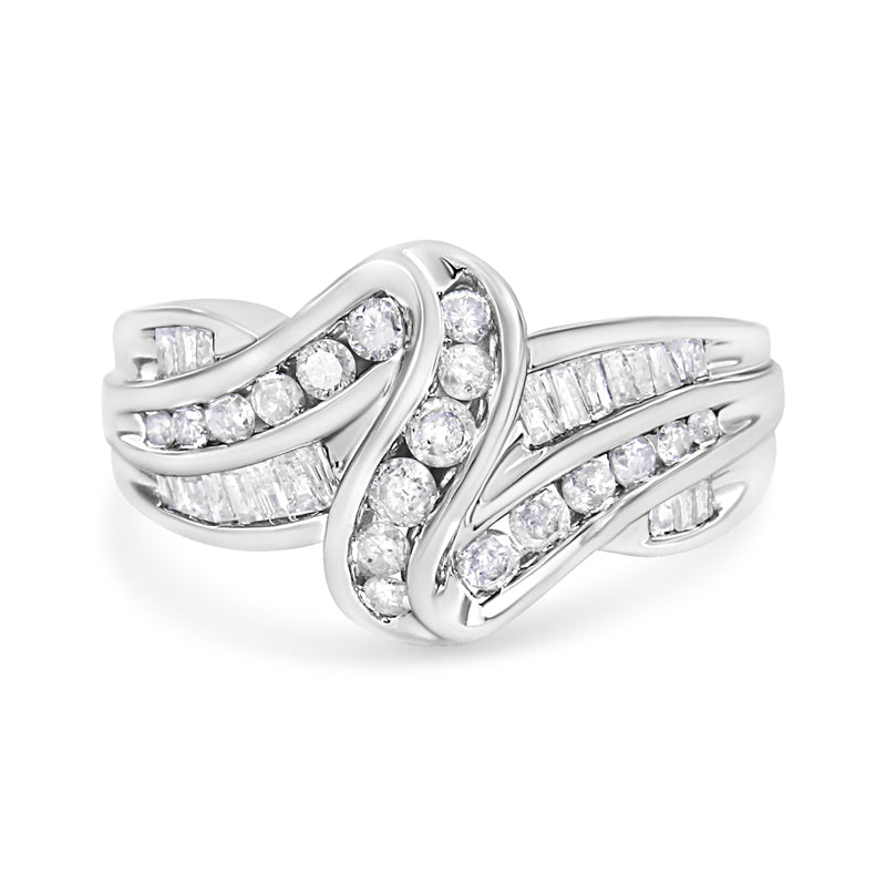 Bids.com 10K White Gold Ring 3/4 Cttw Round and Baguette-Cut Diamond Bypass Ring (H-I Color, I2-I3 Clarity) - Size 6 Rings