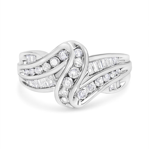 Bids.com 10K White Gold Ring 3/4 Cttw Round and Baguette-Cut Diamond Bypass Ring (H-I Color, I2-I3 Clarity) - Size 6 Rings