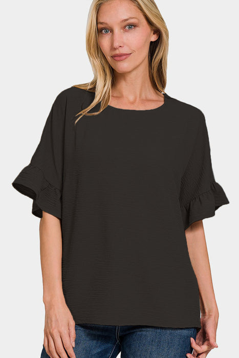 Zenana V-Neck Flutter Sleeve Top in Black