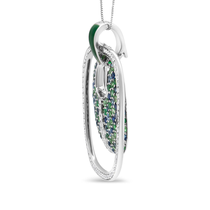 Bids.com .925 Sterling Silver Green Enamel Pendant with 1/2 Cttw Diamond, Sapphire, and Tsavorite Openwork Statement 18" Pendant Necklace (F-G Color, VS1-VS2 Clarity) Necklaces