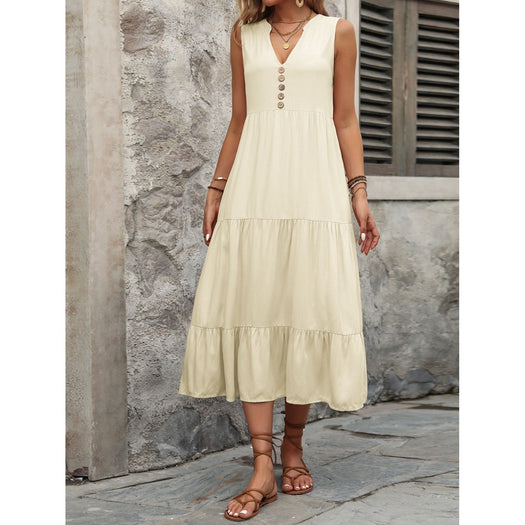 Decorative Button Notched Sleeveless Dress