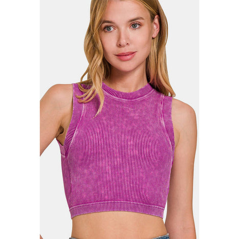 Zenana Washed Ribbed Seamless Crop Tank with Bra Pad