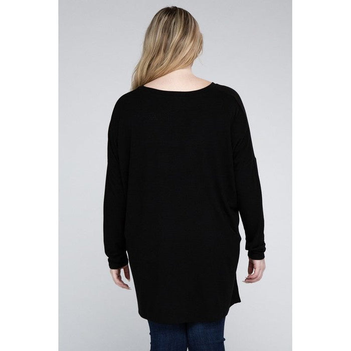 Plus Dolman Sleeve V-Neck Side Slit Hi-Low Hem Top