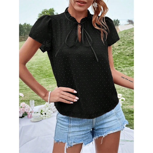 Frill Swiss Dot Tie Neck Short Sleeve Blouse