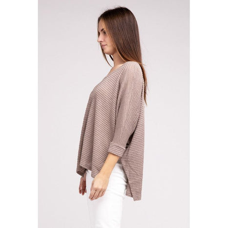 3/4 Sleeve V-Neck Hi-Low Hem Jacquard Sweater