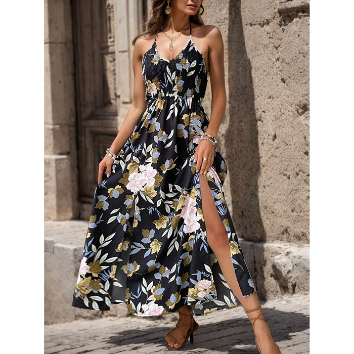 Slit Smocked Printed Maxi Cami Dress