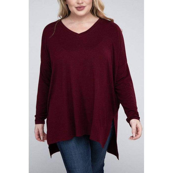 Plus Dolman Sleeve V-Neck Side Slit Hi-Low Hem Top