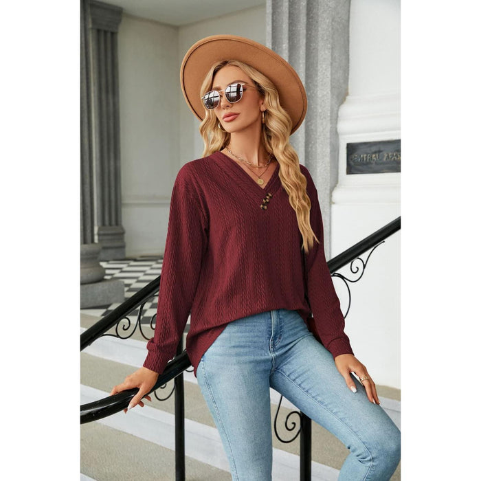 Decorative Button V-Neck Long Sleeve T-Shirt