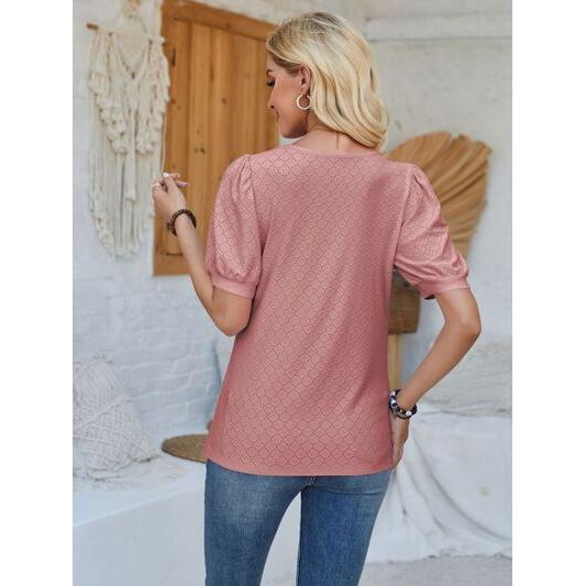 Eyelet Asymmetrical Neck Short Sleeve T-Shirt