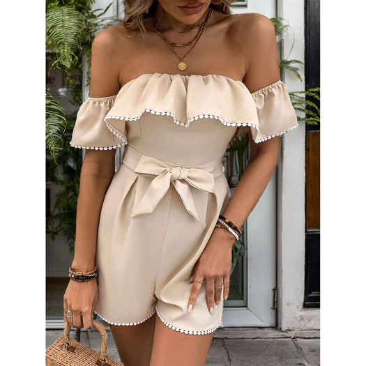 Tied Ruffled Off-Shoulder Short Sleeve Romper