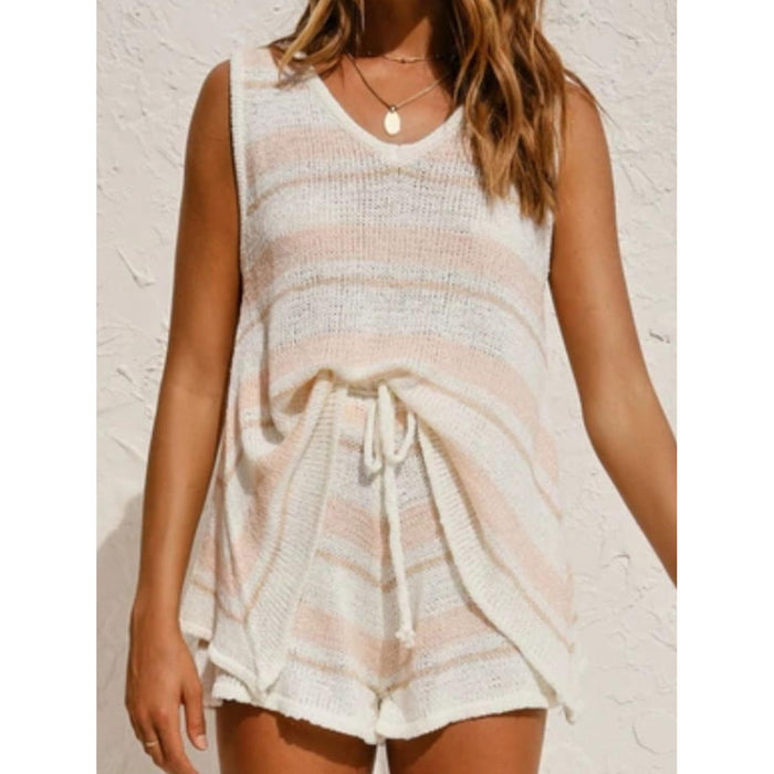 V-Neck Sleeveless Top and Drawstring Shorts Sweater Set