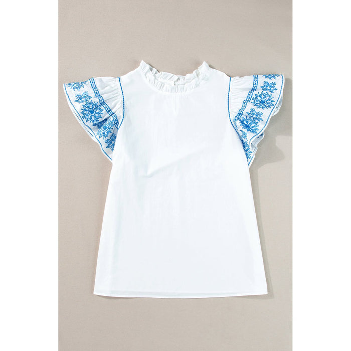 Ruffled Mock Neck Cap Sleeve Blouse