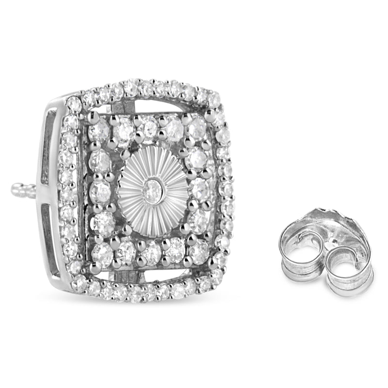 Bids.com .925 Sterling Silver 1.0 Cttw Round Diamond Double Halo and Disc Stud Earring (I-J Color, I2-I3 Clarity) Earrings