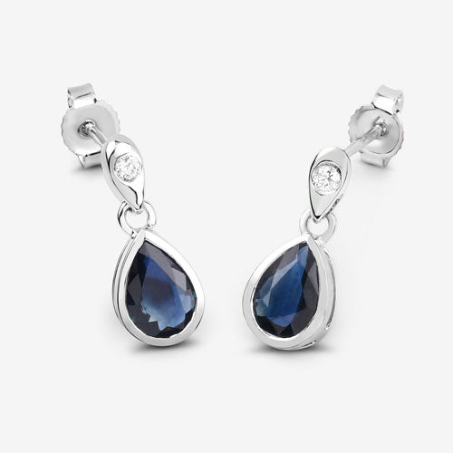 Bids.com 1.65 Carat Genuine Blue Sapphire and White Diamond 10K White Gold Earrings Earrings