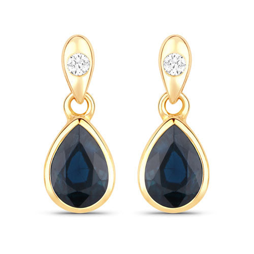 Bids.com 1.65 Carat Genuine Blue Sapphire and White Diamond 10K Yellow Gold Earrings Earrings