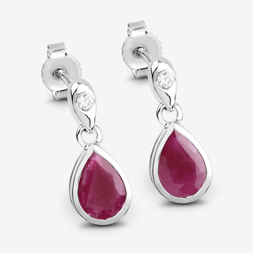 Bids.com 1.65 Carat Genuine Ruby and White Diamond 10K White Gold Earrings Earrings