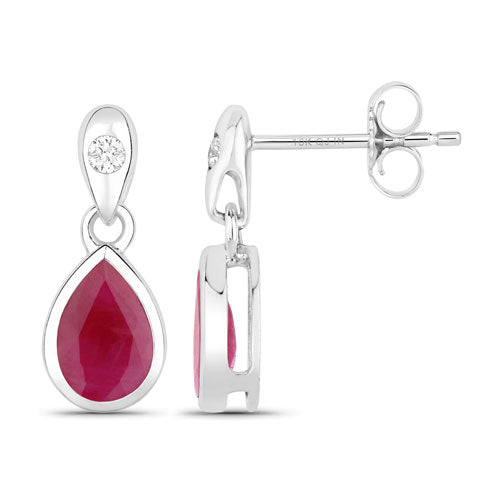 Bids.com 1.65 Carat Genuine Ruby and White Diamond 10K White Gold Earrings Earrings