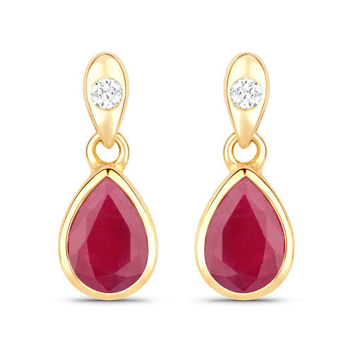 Bids.com 1.65 Carat Genuine Ruby and White Diamond 10K Yellow Gold Earrings Earrings