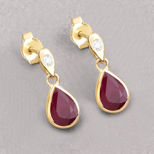 Bids.com 1.65 Carat Genuine Ruby and White Diamond 10K Yellow Gold Earrings Earrings