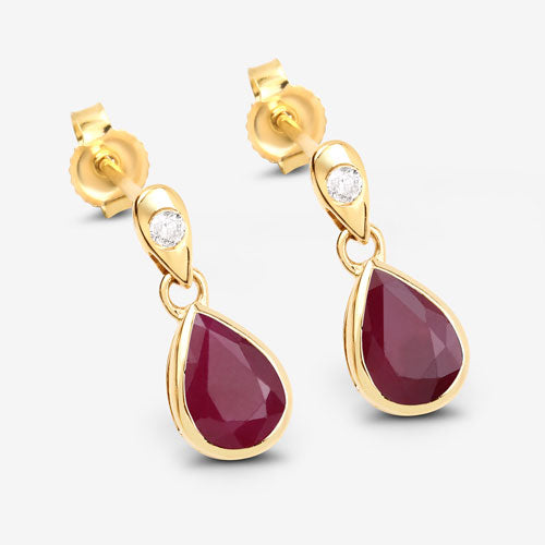 Bids.com 1.65 Carat Genuine Ruby and White Diamond 10K Yellow Gold Earrings Earrings