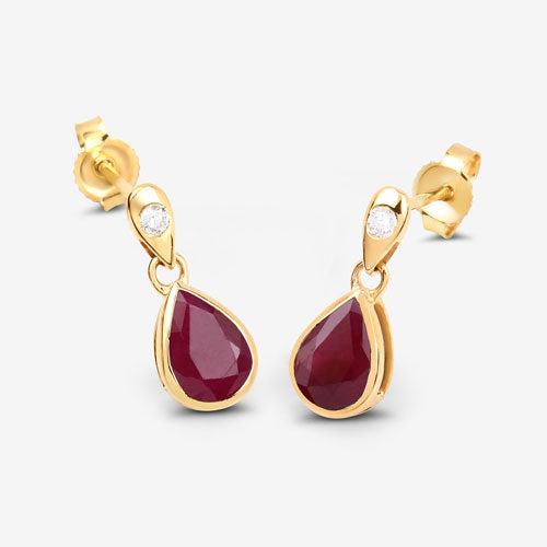 Bids.com 1.65 Carat Genuine Ruby and White Diamond 10K Yellow Gold Earrings Earrings