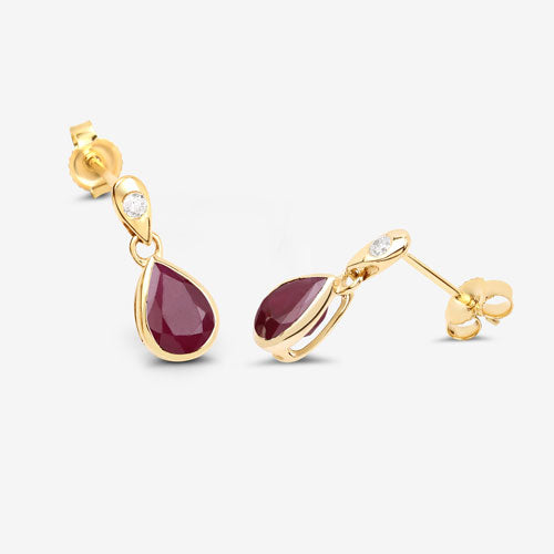 Bids.com 1.65 Carat Genuine Ruby and White Diamond 10K Yellow Gold Earrings Earrings