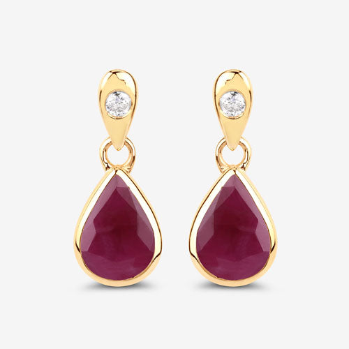 Bids.com 1.65 Carat Genuine Ruby and White Diamond 10K Yellow Gold Earrings Earrings
