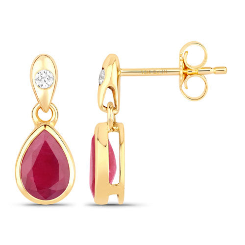 Bids.com 1.65 Carat Genuine Ruby and White Diamond 10K Yellow Gold Earrings Earrings