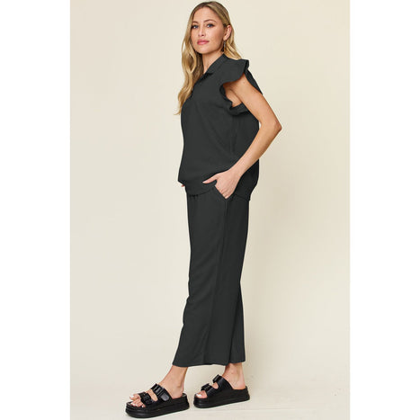 Texture Ruffle Short Sleeve Top and Drawstring Wide Leg Pants Set