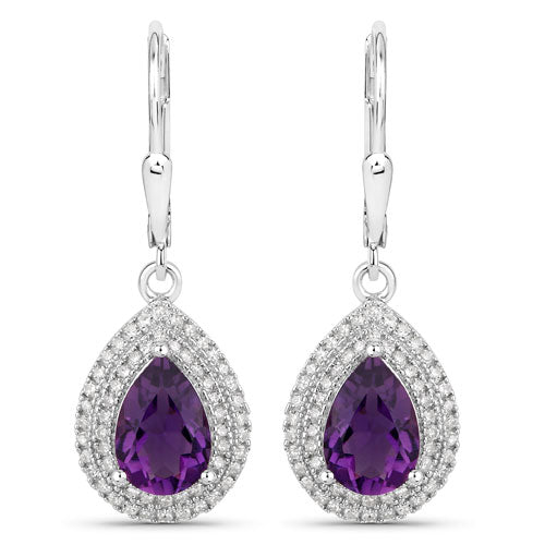 Bids.com 2.77 Carat Genuine Amethyst and White Diamond .925 Sterling Silver Earrings Earrings