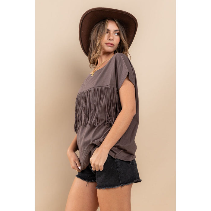 Ces Femme Fringe Detail Round Neck Short Sleeve Top