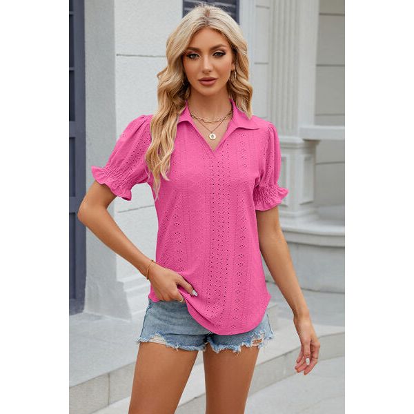 Eyelet Johnny Collar Short Sleeve Blouse