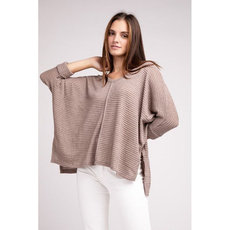 3/4 Sleeve V-Neck Hi-Low Hem Jacquard Sweater