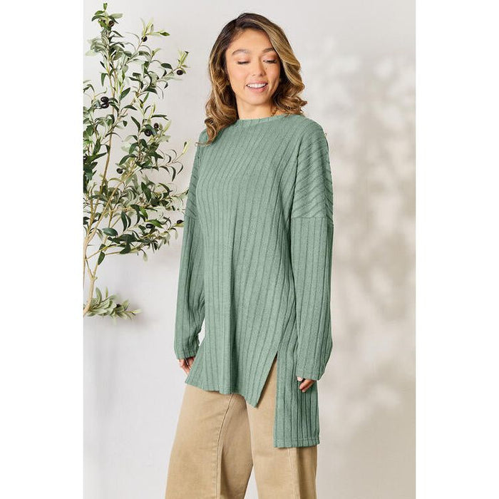 Basic Bae Ribbed Round Neck Long Sleeve Slit Top