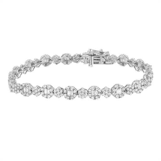Bids.com 10K White Gold 4.0 cttw Brilliant Round-cut and Baguette Diamond Floral Cluster Link Bracelet (I-J Clarity, I1-I2 Color) - Size 7" Bracelets
