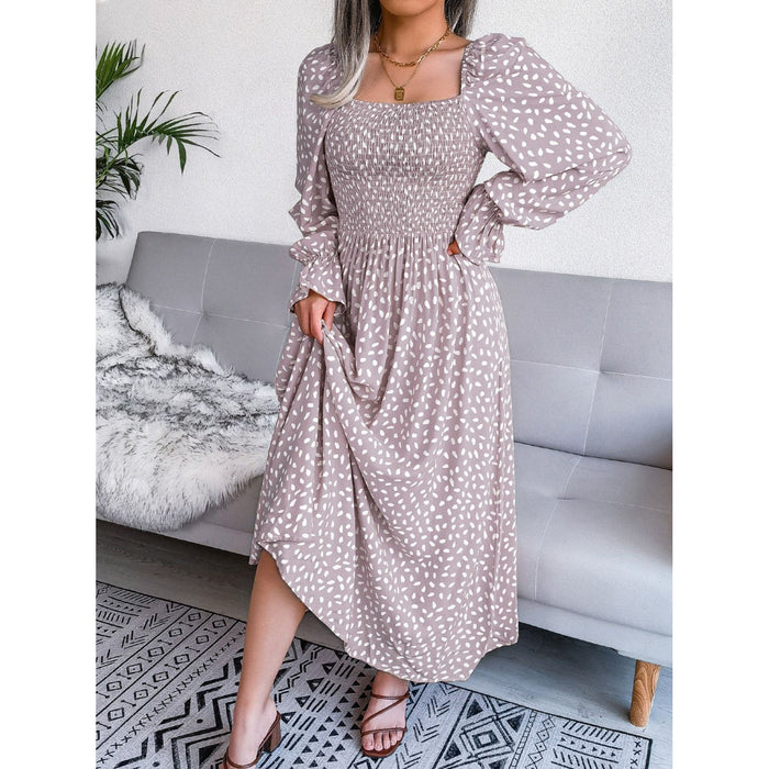 Smocked Square Neck Flounce Sleeve Dress