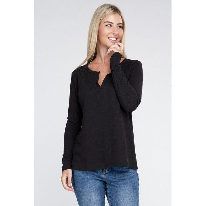 Melange Baby Waffle V-Neck Long Sleeve Top