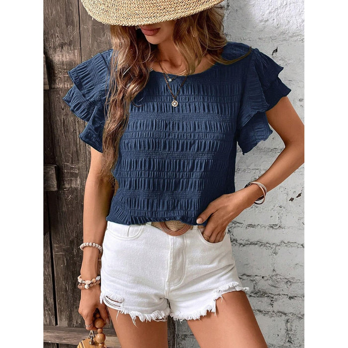 Round Neck Flounce Sleeve Blouse