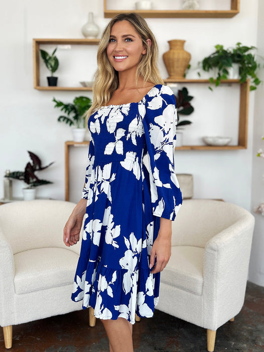 Floral Ruffle Hem Smocked Dress in Royal Blue