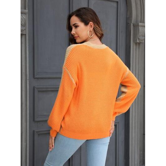 Contrast Round Neck Dropped Shoulder Sweater