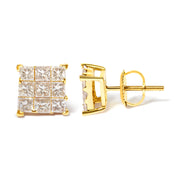 Bids.com 14K Yellow Gold 1 1/2 Cttw Invisible Set Princess-Cut Diamond 9 Stone Square Stud Earrings (J-K Color, SI2-I1 Clarity) Earrings