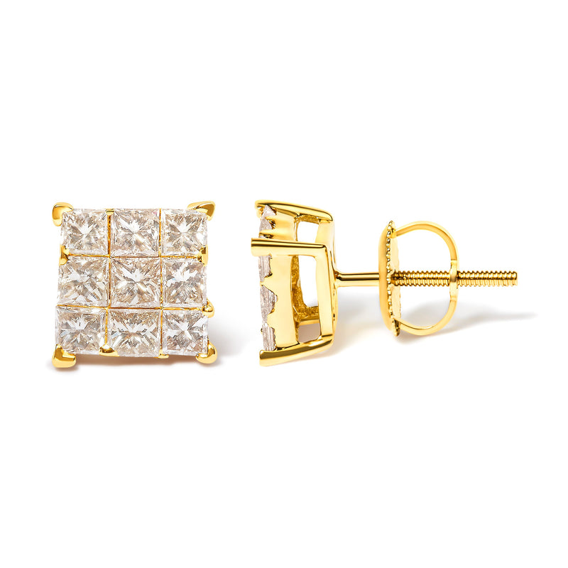 Bids.com 14K Yellow Gold 1 1/2 Cttw Invisible Set Princess-Cut Diamond 9 Stone Square Stud Earrings (J-K Color, SI2-I1 Clarity) Earrings