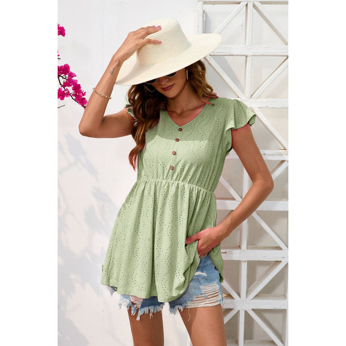 Decorative Button V-Neck Cap Sleeve Blouse