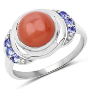 Bids.com 3.01 Carat Genuine Peach Moonstone and Tanzanite .925 Sterling Silver Ring Rings