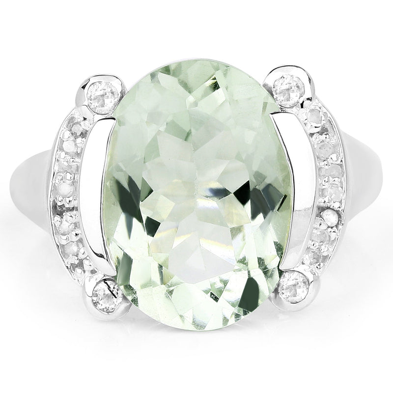 Bids.com 8.12 Carat Genuine Green Amethyst, White Topaz & White Diamond .925 Sterling Silver Ring Rings