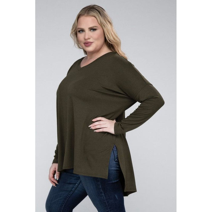 Plus Dolman Sleeve V-Neck Side Slit Hi-Low Hem Top