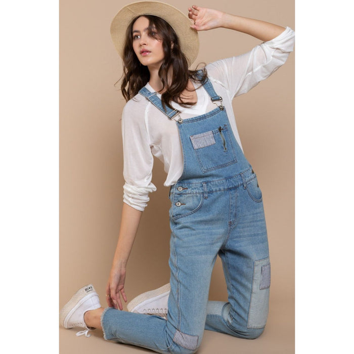 POL Front Chest Zipper Slim Leg Denim Overalls