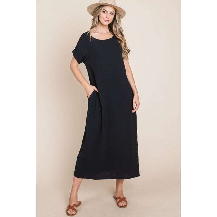 BOMBOM Round Neck Short Sleeve Midi Dress with Pockets