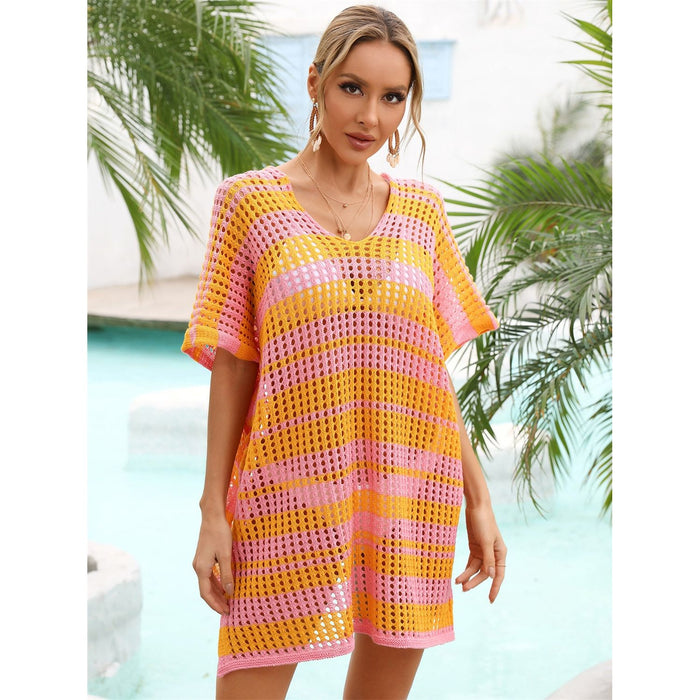 Tassel Openwork Striped V-Neck Cover Up